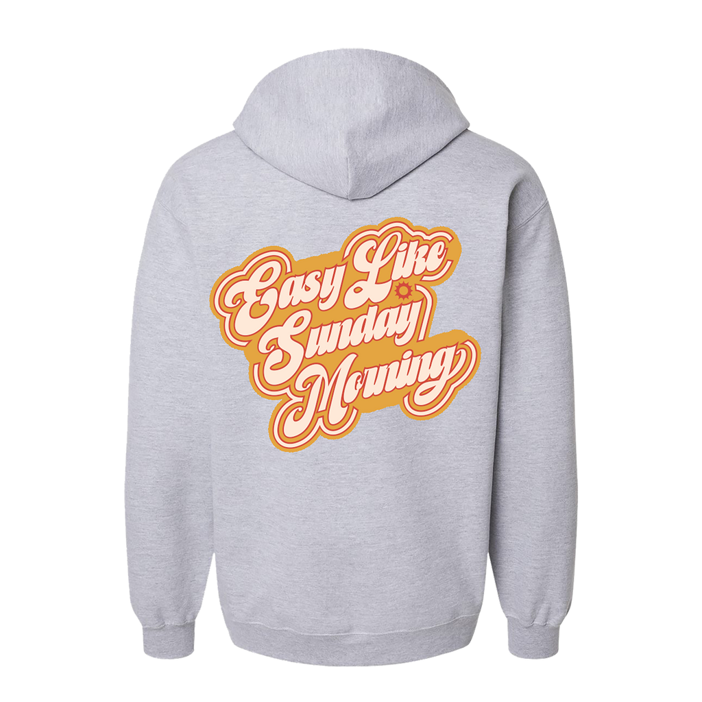 Classic fitting unisex zip up hoodie in grey featuring an "Easy Like Sunday Morning" print in orange and red on back