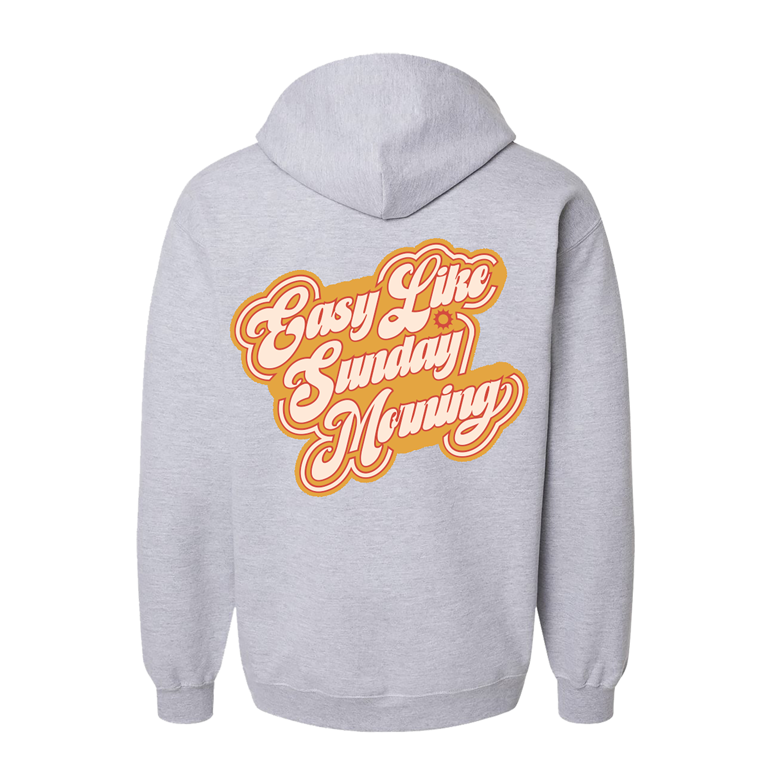 Classic fitting unisex zip up hoodie in grey featuring an "Easy Like Sunday Morning" print in orange and red on back