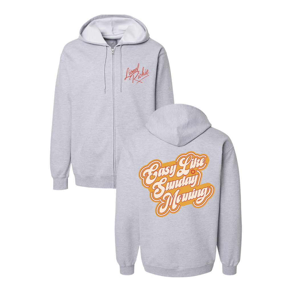 Classic fitting unisex zip up hoodie in grey featuring a red Lionel Richie logo on the front chest and "Easy Like Sunday Morning" print in orange and red on back