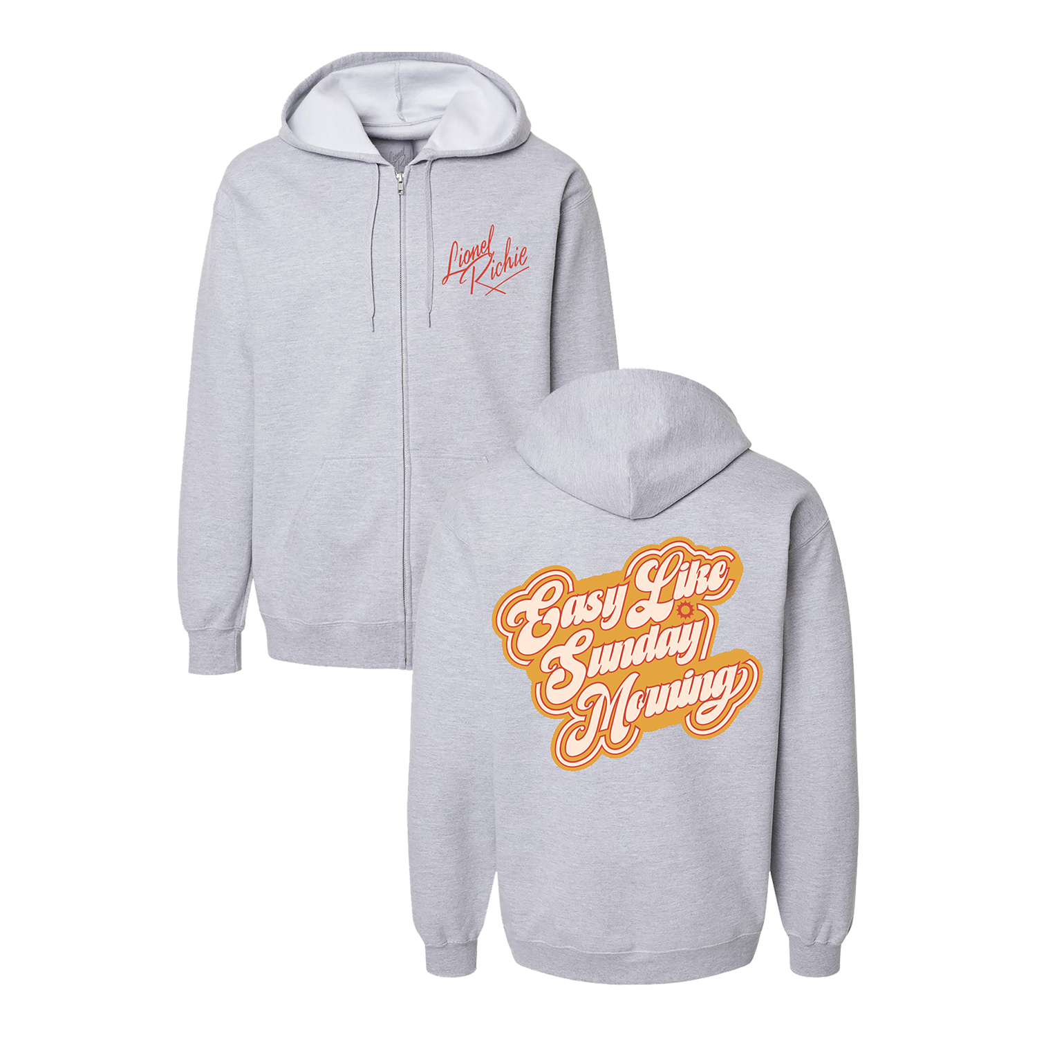 Classic fitting unisex zip up hoodie in grey featuring a red Lionel Richie logo on the front chest and "Easy Like Sunday Morning" print in orange and red on back