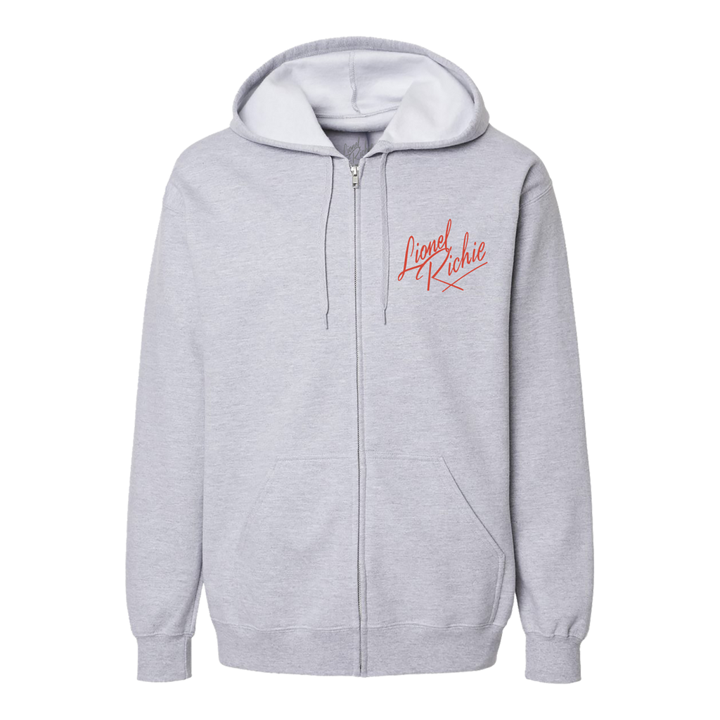 Classic fitting unisex zip up hoodie in grey featuring a red Lionel Richie logo on the front chest