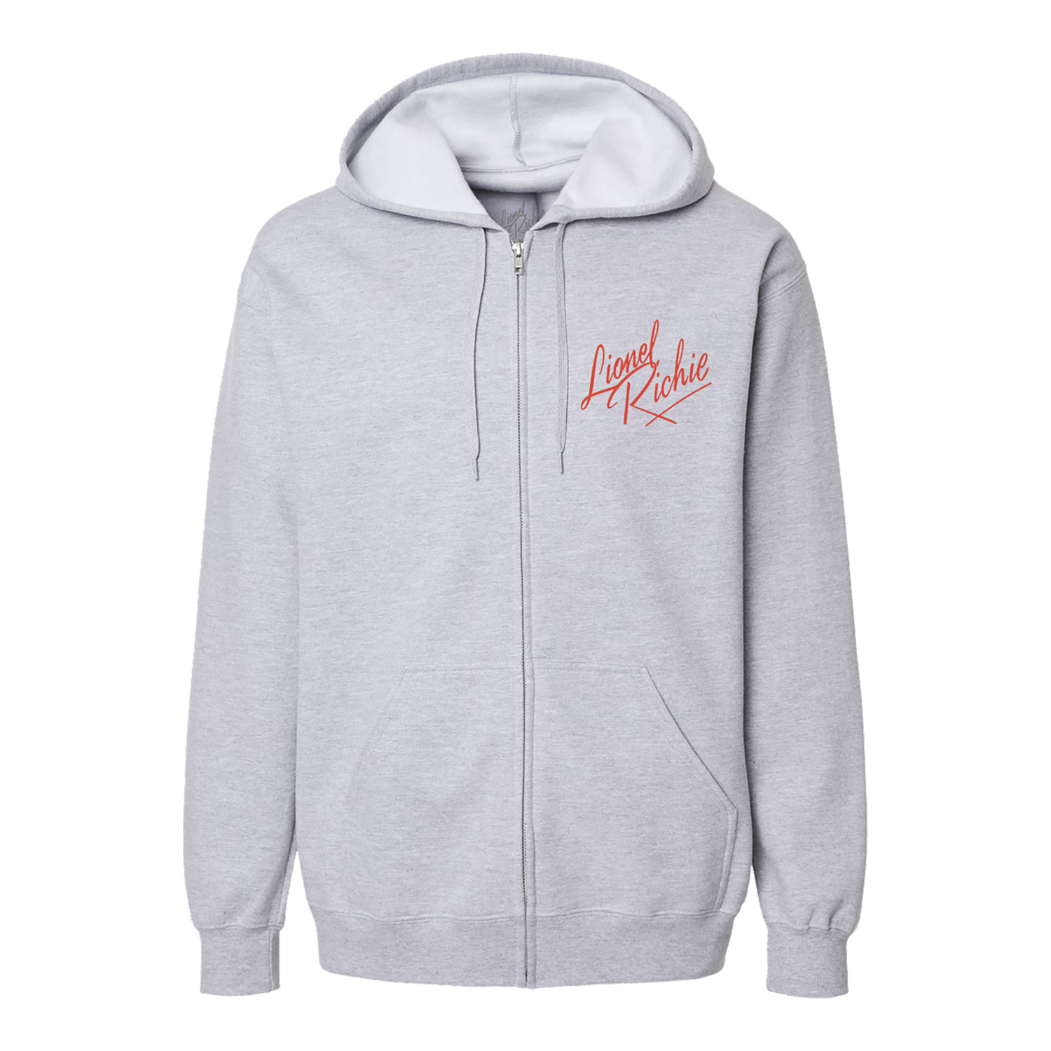 Classic fitting unisex zip up hoodie in grey featuring a red Lionel Richie logo on the front chest