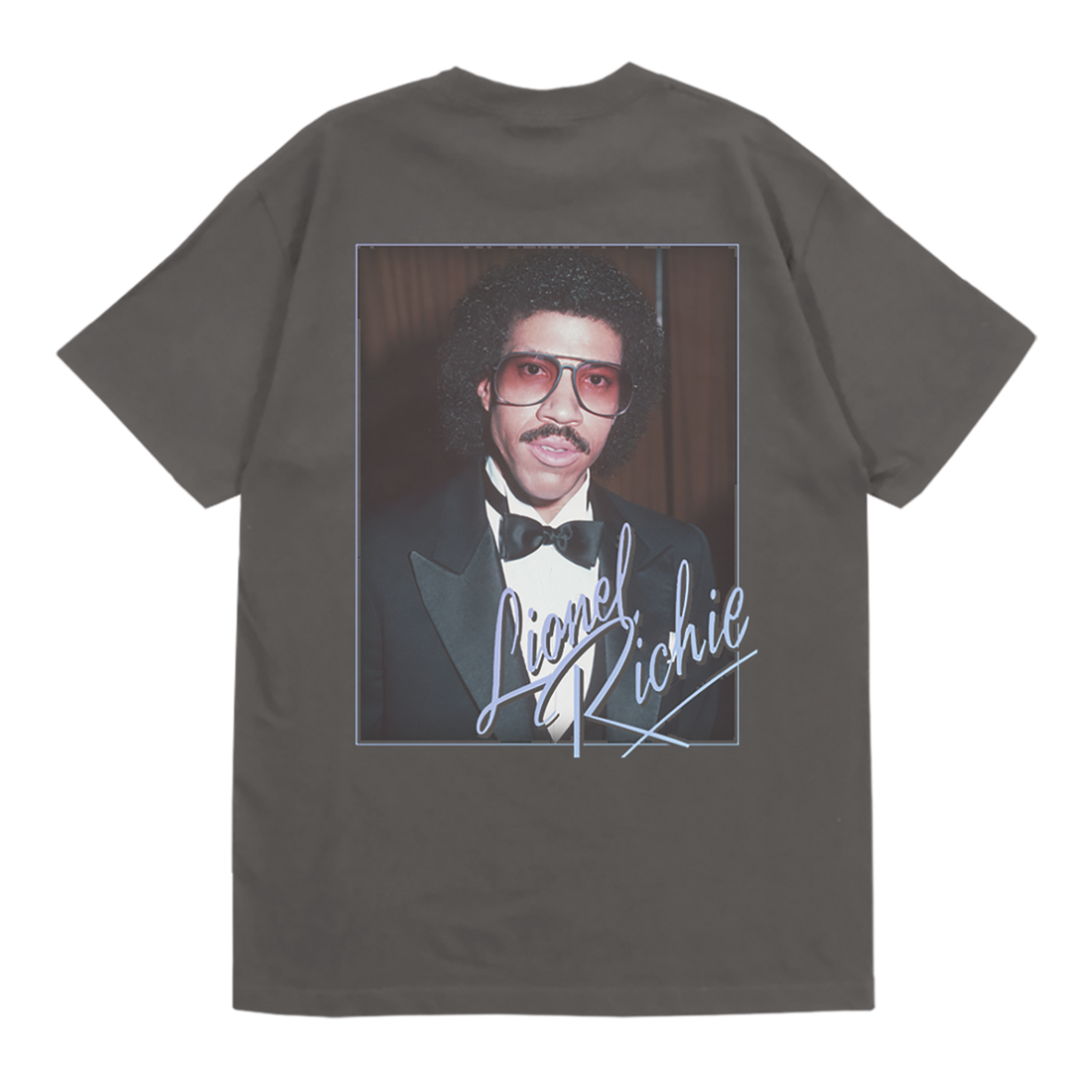 Classic fitting unisex t-shirt in black featuring a Lionel Richie portrait printed on the back