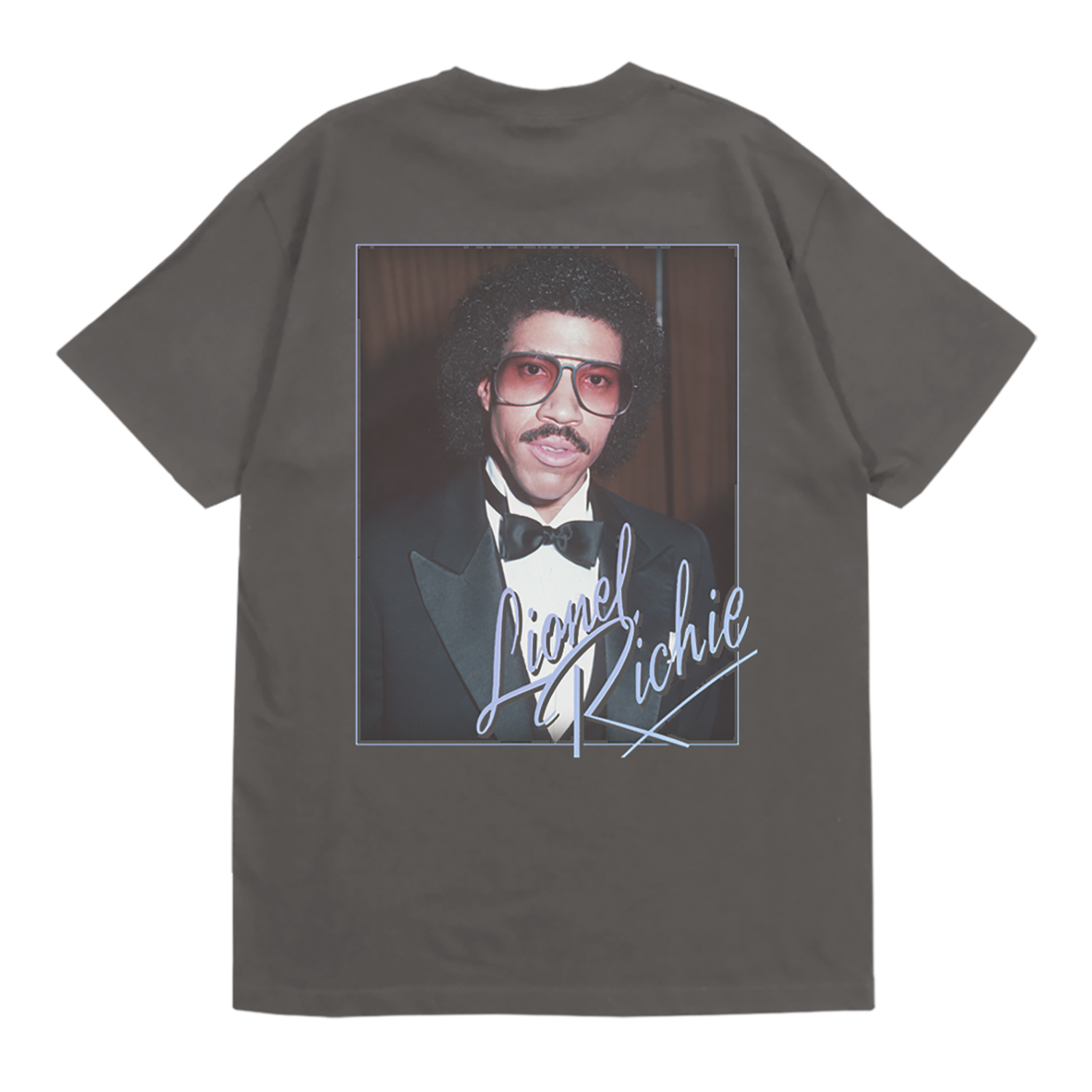 Classic fitting unisex t-shirt in black featuring a Lionel Richie portrait printed on the back