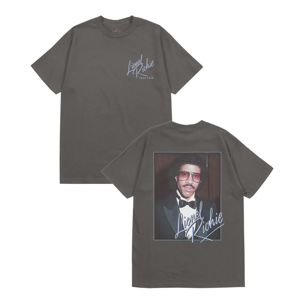 Classic fitting unisex t-shirt in black featuring "Lionel Richie Tour 2026" design on the front chest and a Lionel Richie portrait printed on the back