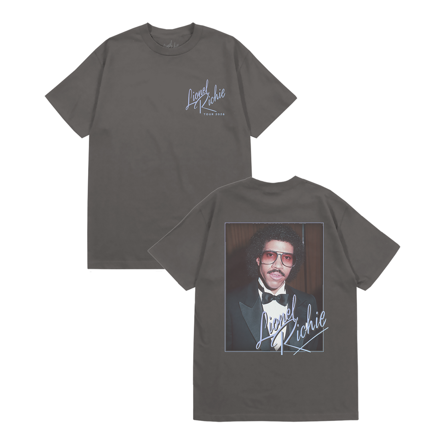 Classic fitting unisex t-shirt in black featuring "Lionel Richie Tour 2026" design on the front chest and a Lionel Richie portrait printed on the back