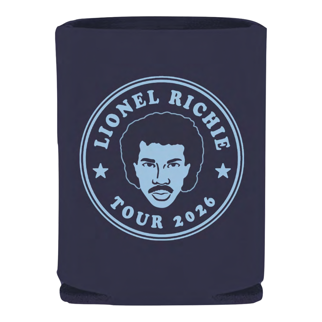 Navy blue can cooler with Lionel Richie logo and 'Tour 2026' 