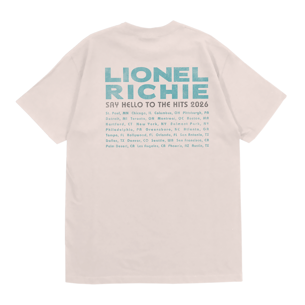 Unisex t-shirt in ivory featuring a "Lionel Richie" logo and tour dates on the back in teal font