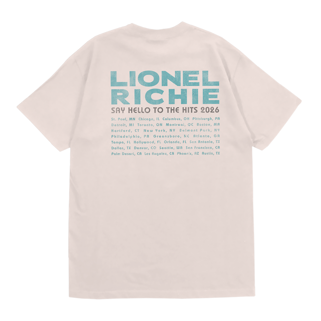 Unisex t-shirt in ivory featuring a "Lionel Richie" logo and tour dates on the back in teal font