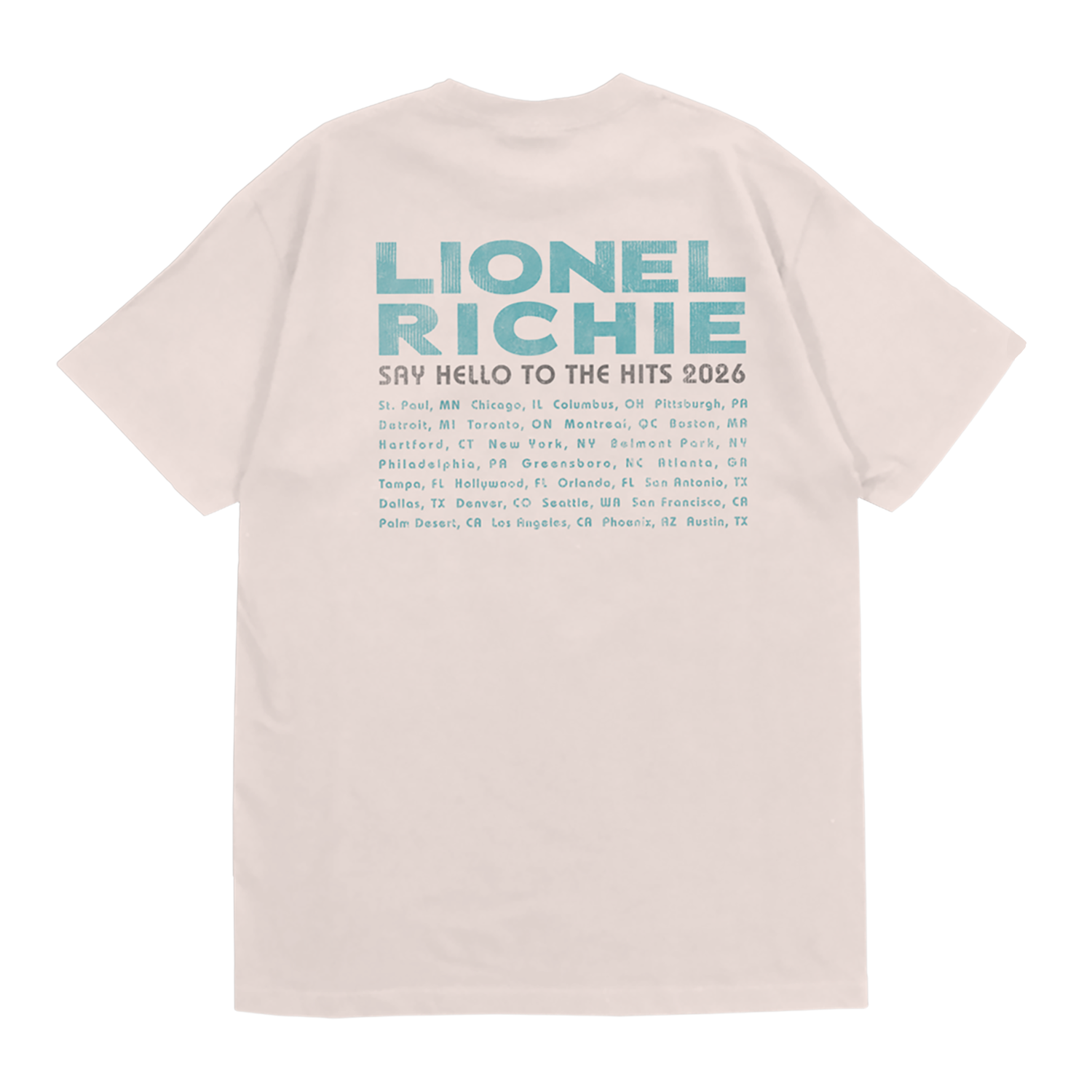Unisex t-shirt in ivory featuring a "Lionel Richie" logo and tour dates on the back in teal font