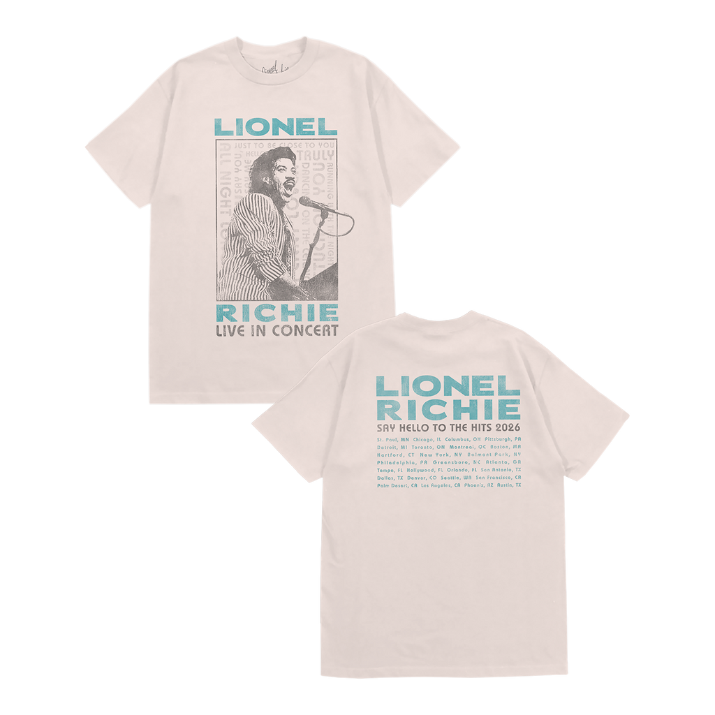 Unisex t-shirt in ivory featuring a "Lionel Richie live in concert" portrait design on the front and tour dates on the back in teal font
