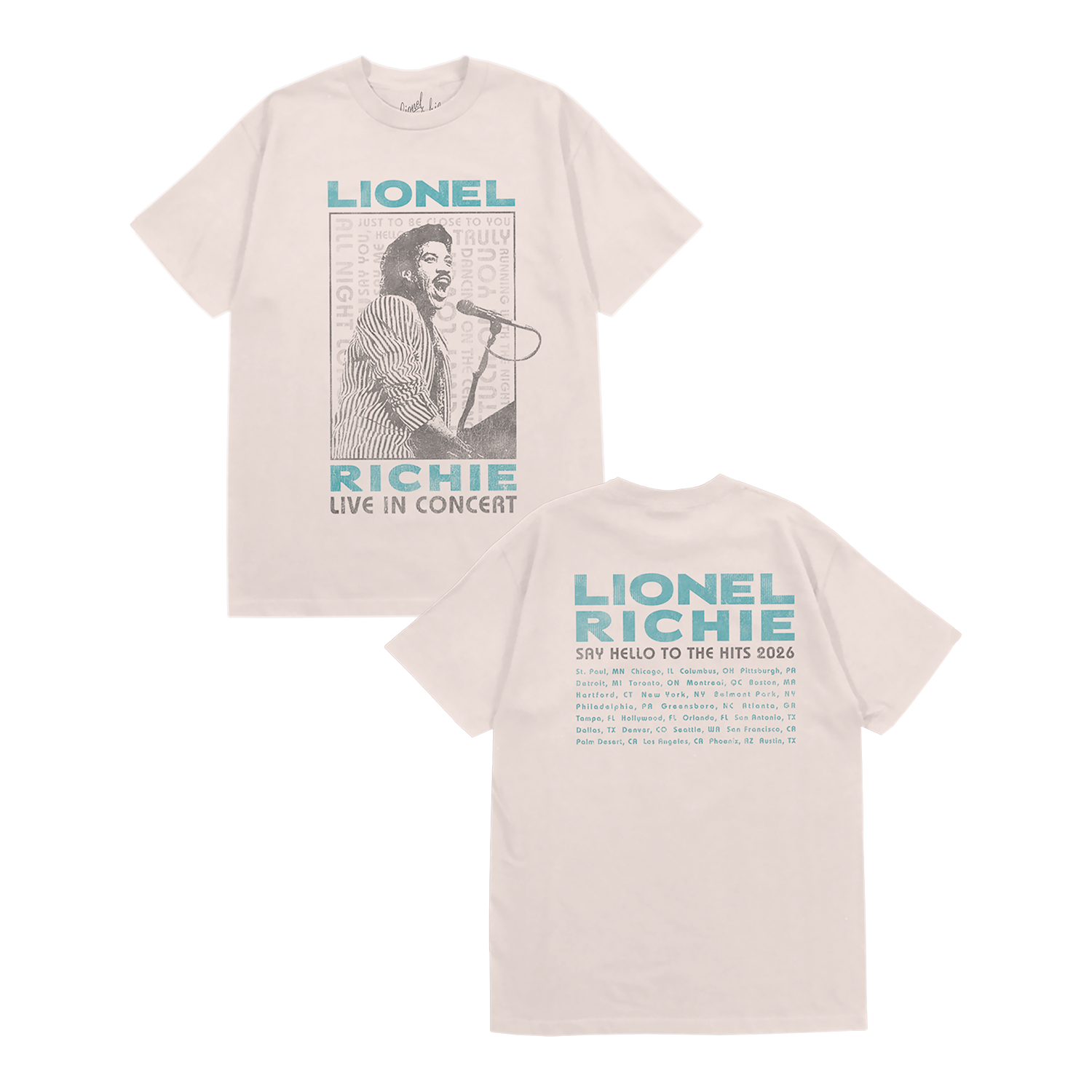 Unisex t-shirt in ivory featuring a "Lionel Richie live in concert" portrait design on the front and tour dates on the back in teal font
