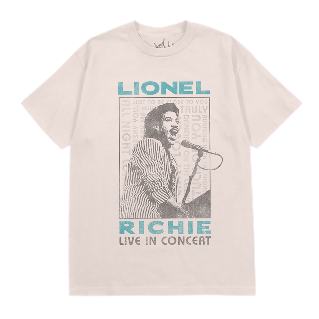 Unisex t-shirt in ivory featuring a "Lionel Richie live in concert" portrait design on the front