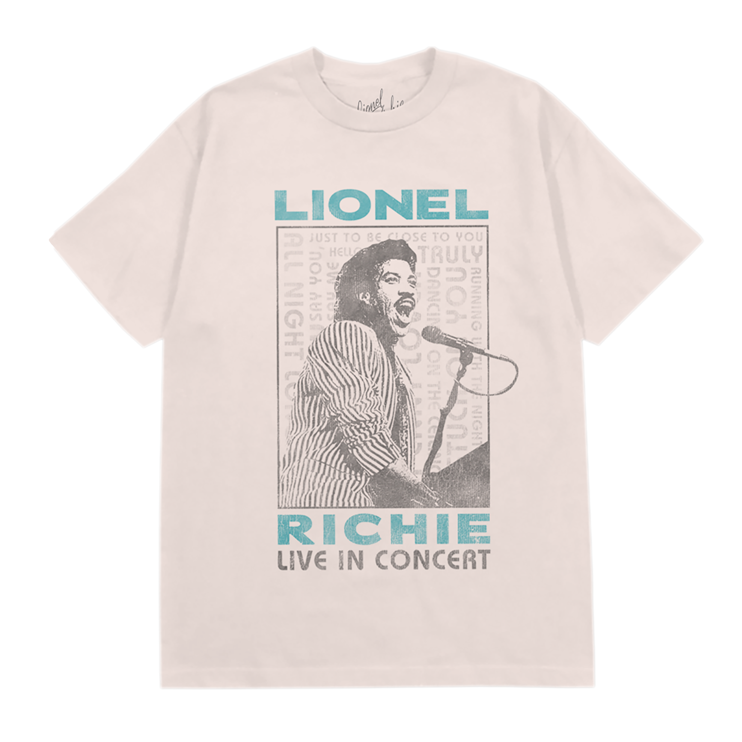Unisex t-shirt in ivory featuring a "Lionel Richie live in concert" portrait design on the front