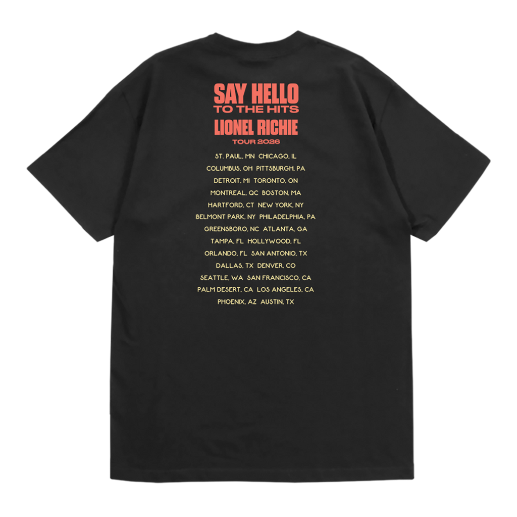 Classic fitting unisex t-shirt in black featuring a red Lionel Richie logo and 2026 tour dates on the back
