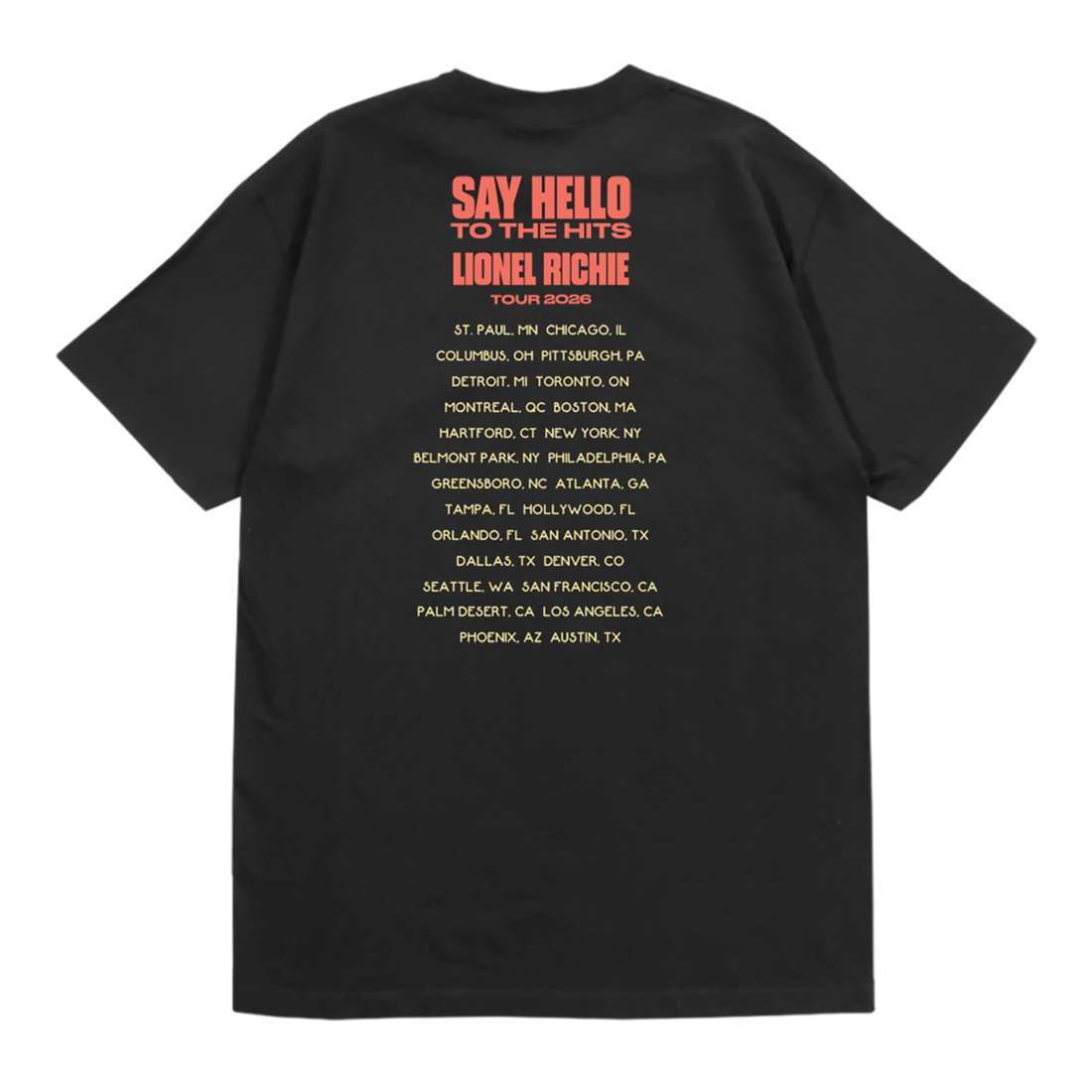 Classic fitting unisex t-shirt in black featuring a red Lionel Richie logo and 2026 tour dates on the back