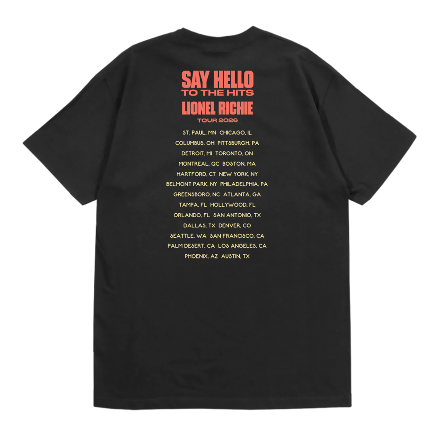 Classic fitting unisex t-shirt in black featuring a red Lionel Richie logo and 2026 tour dates on the back