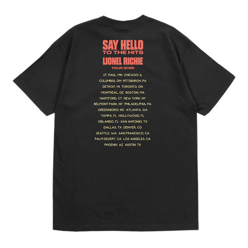 Classic fitting unisex t-shirt in black featuring a red Lionel Richie logo and 2026 tour dates on the back