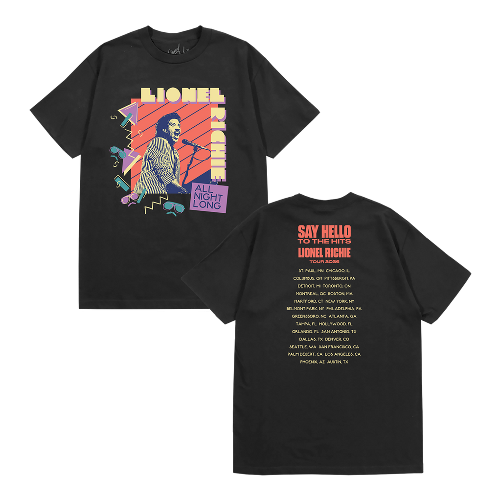 Classic fitting unisex t-shirt in black featuring a Lionel Richie portrait on the front and 2026 tour dates on the back