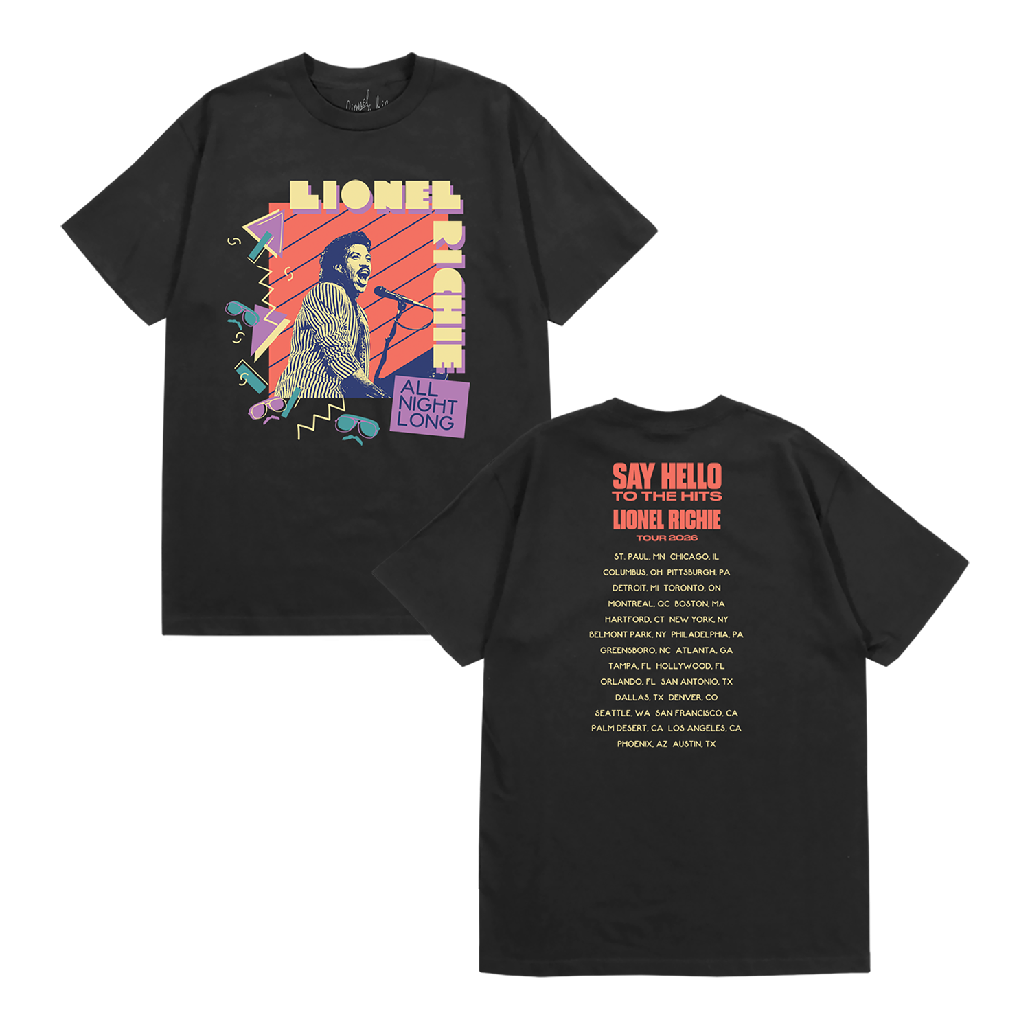 Classic fitting unisex t-shirt in black featuring a Lionel Richie portrait on the front and 2026 tour dates on the back