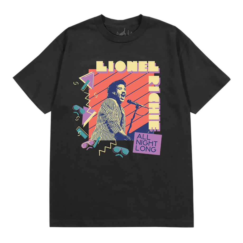Classic fitting unisex t-shirt in black featuring a Lionel Richie portrait on the front