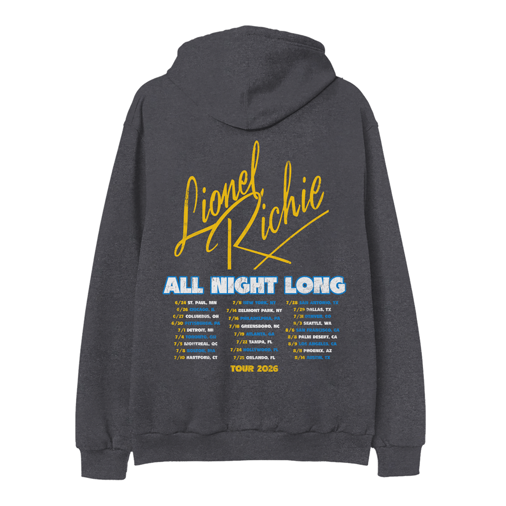 Classic fitting unisex zip up hoodie in charcoal featuring Lionel Richie logo and 2026 tour dates on back