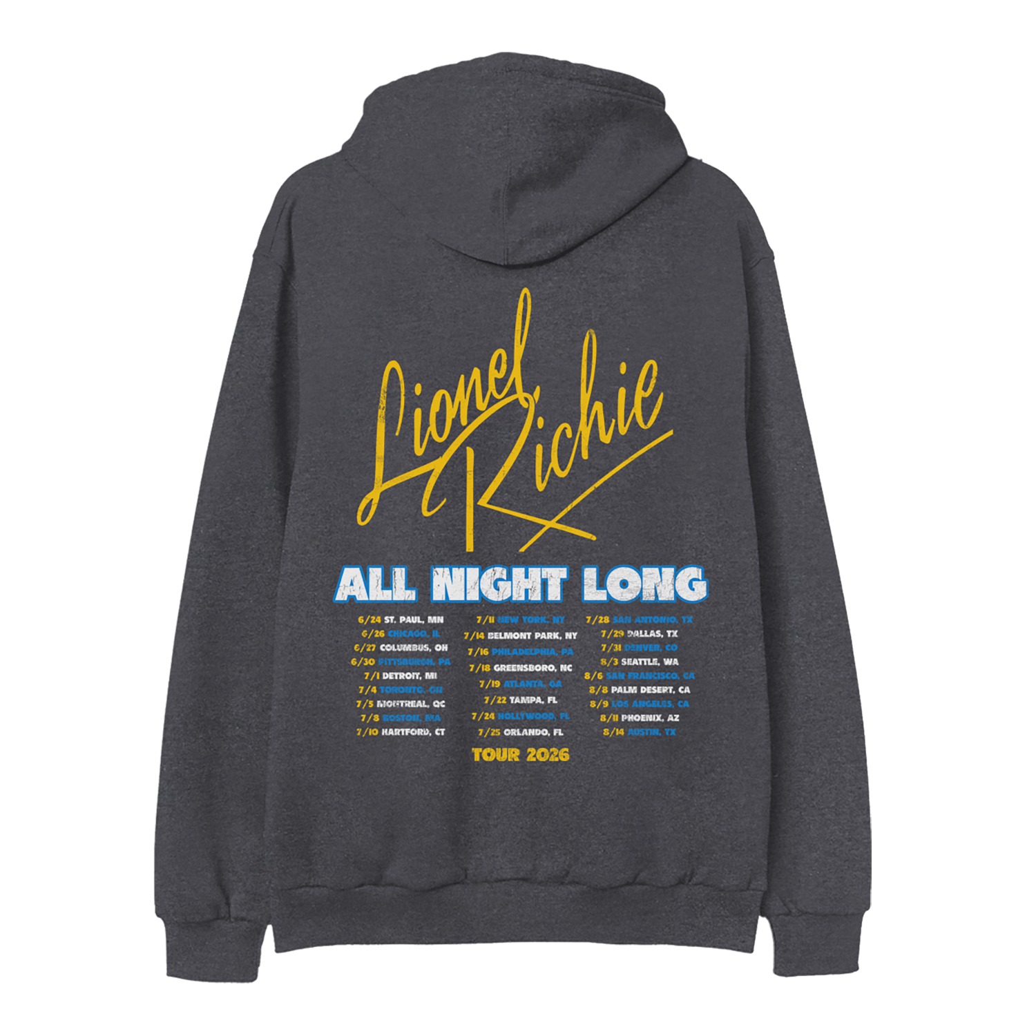 Classic fitting unisex zip up hoodie in charcoal featuring Lionel Richie logo and 2026 tour dates on back