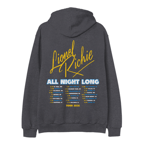 Classic fitting unisex zip up hoodie in charcoal featuring Lionel Richie logo and 2026 tour dates on back