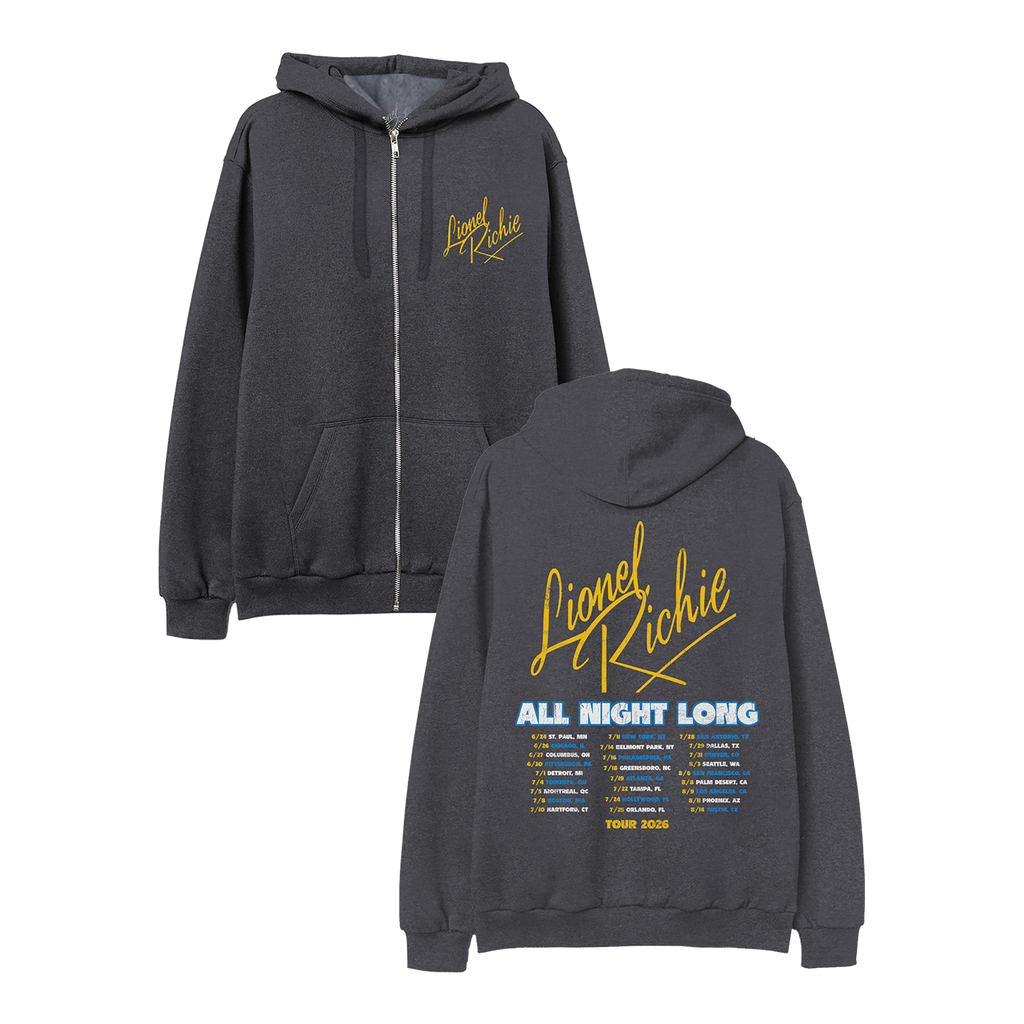 Classic fitting unisex zip up hoodie in charcoal featuring Lionel Richie logo on the front chest and 2026 tour dates on back
