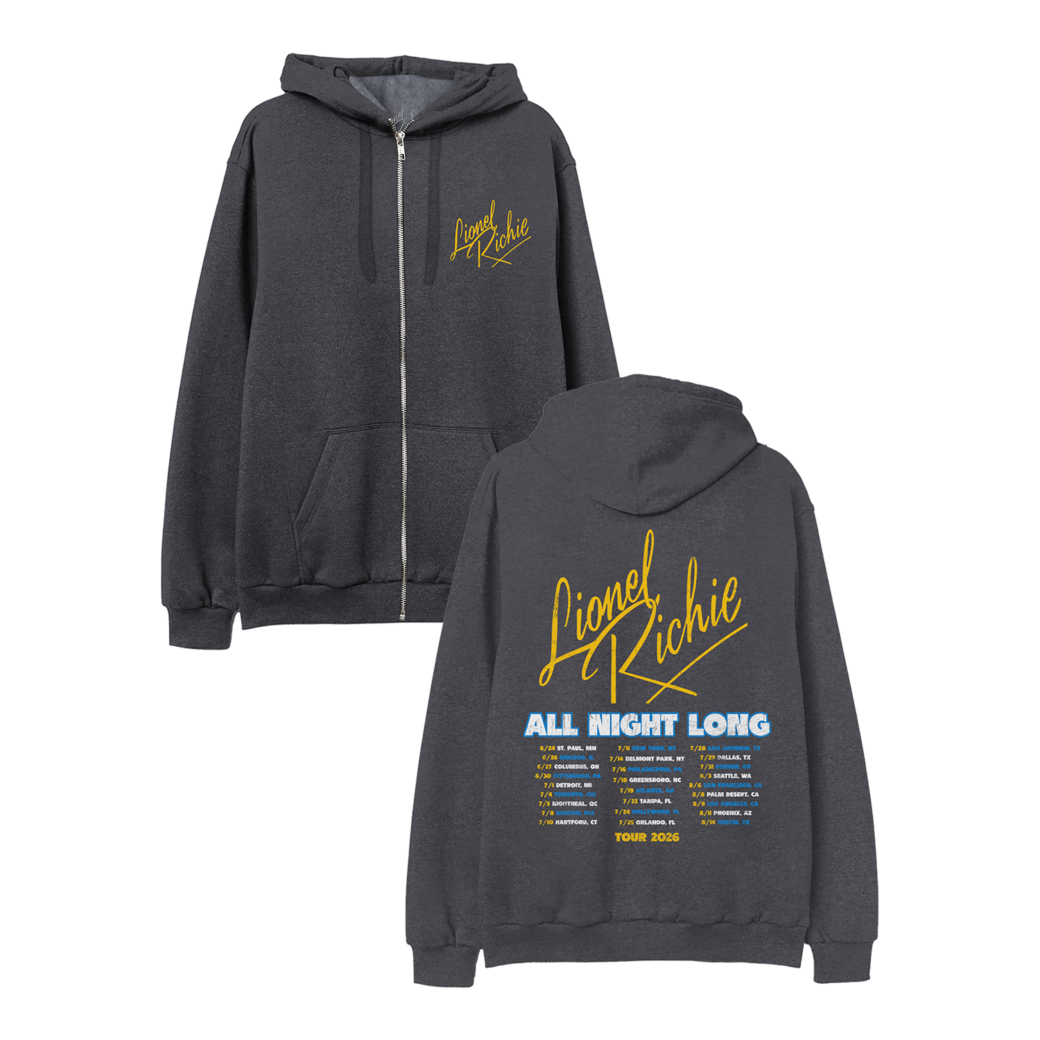 Classic fitting unisex zip up hoodie in charcoal featuring Lionel Richie logo on the front chest and 2026 tour dates on back