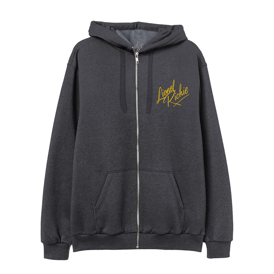 Classic fitting unisex zip up hoodie in charcoal featuring Lionel Richie logo on the front chest 