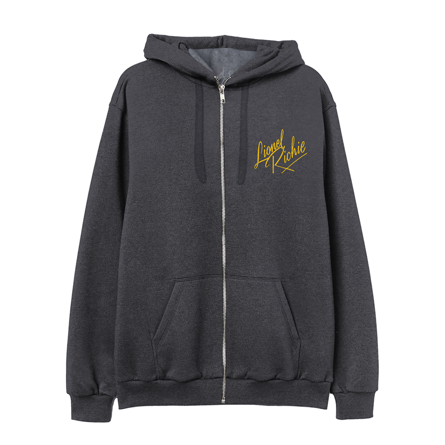 Classic fitting unisex zip up hoodie in charcoal featuring Lionel Richie logo on the front chest 