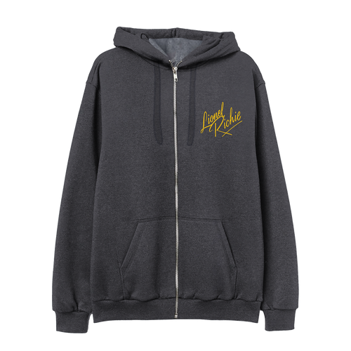 Classic fitting unisex zip up hoodie in charcoal featuring Lionel Richie logo on the front chest 