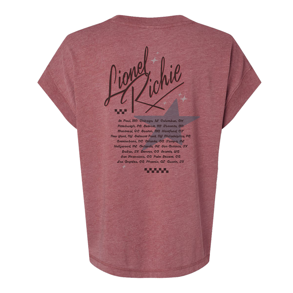 Ladies tour tee in washed red featuring tour dates on back