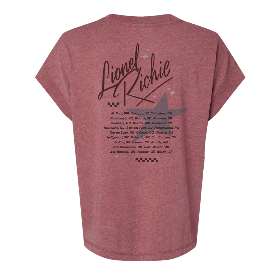 Ladies tour tee in washed red featuring tour dates on back