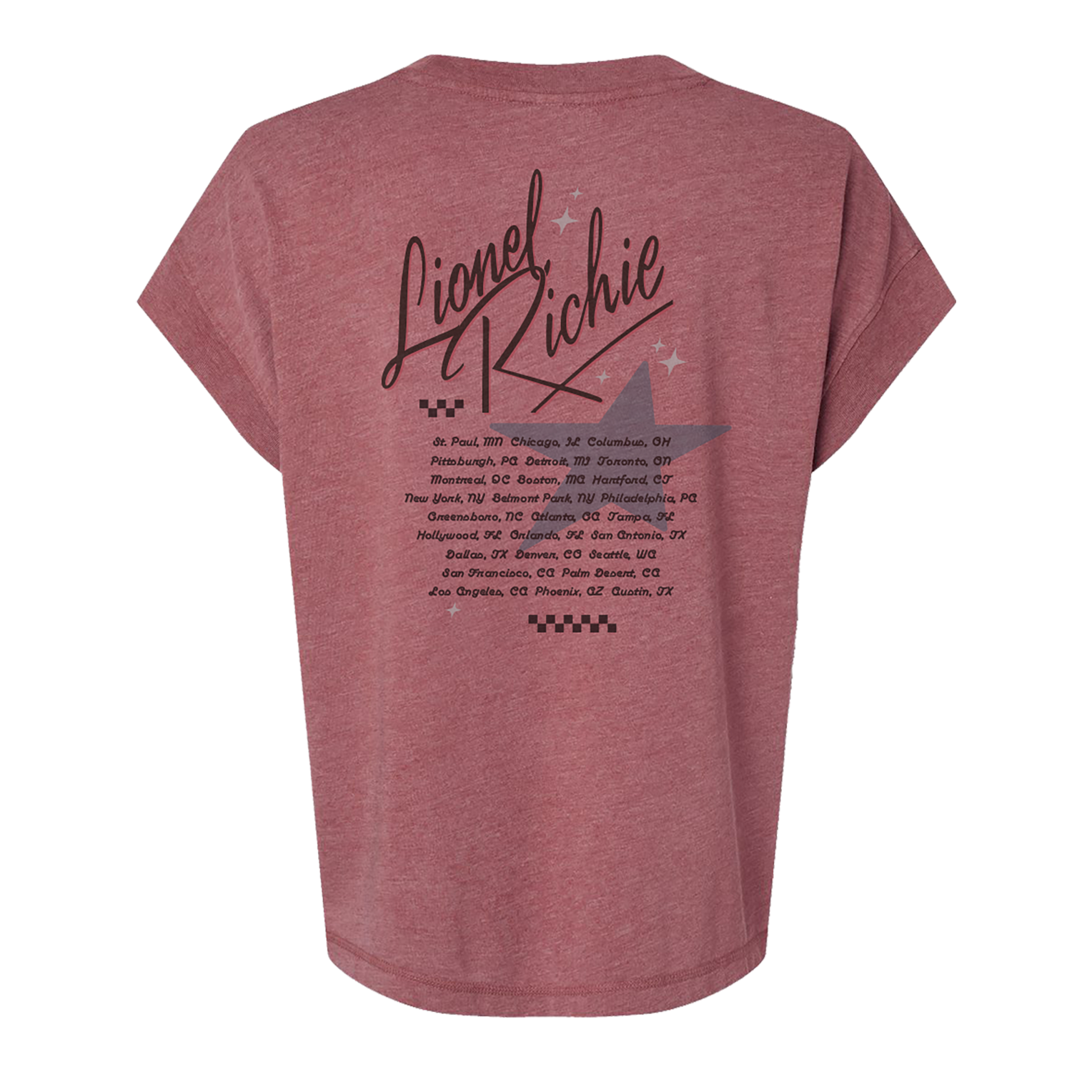 Ladies tour tee in washed red featuring tour dates on back