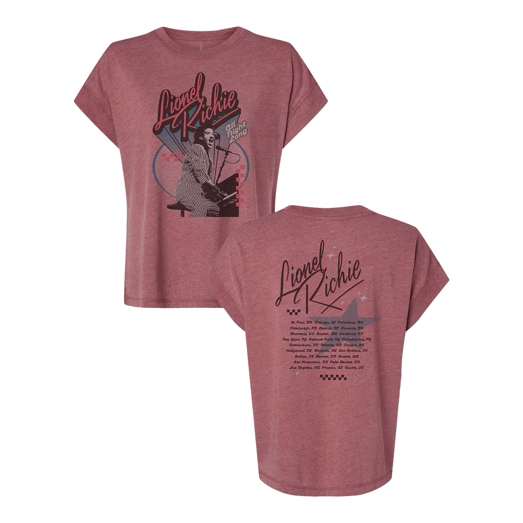 Ladies tour tee in washed red featuring a Lionel Richie portrait design on front and tour dates on back