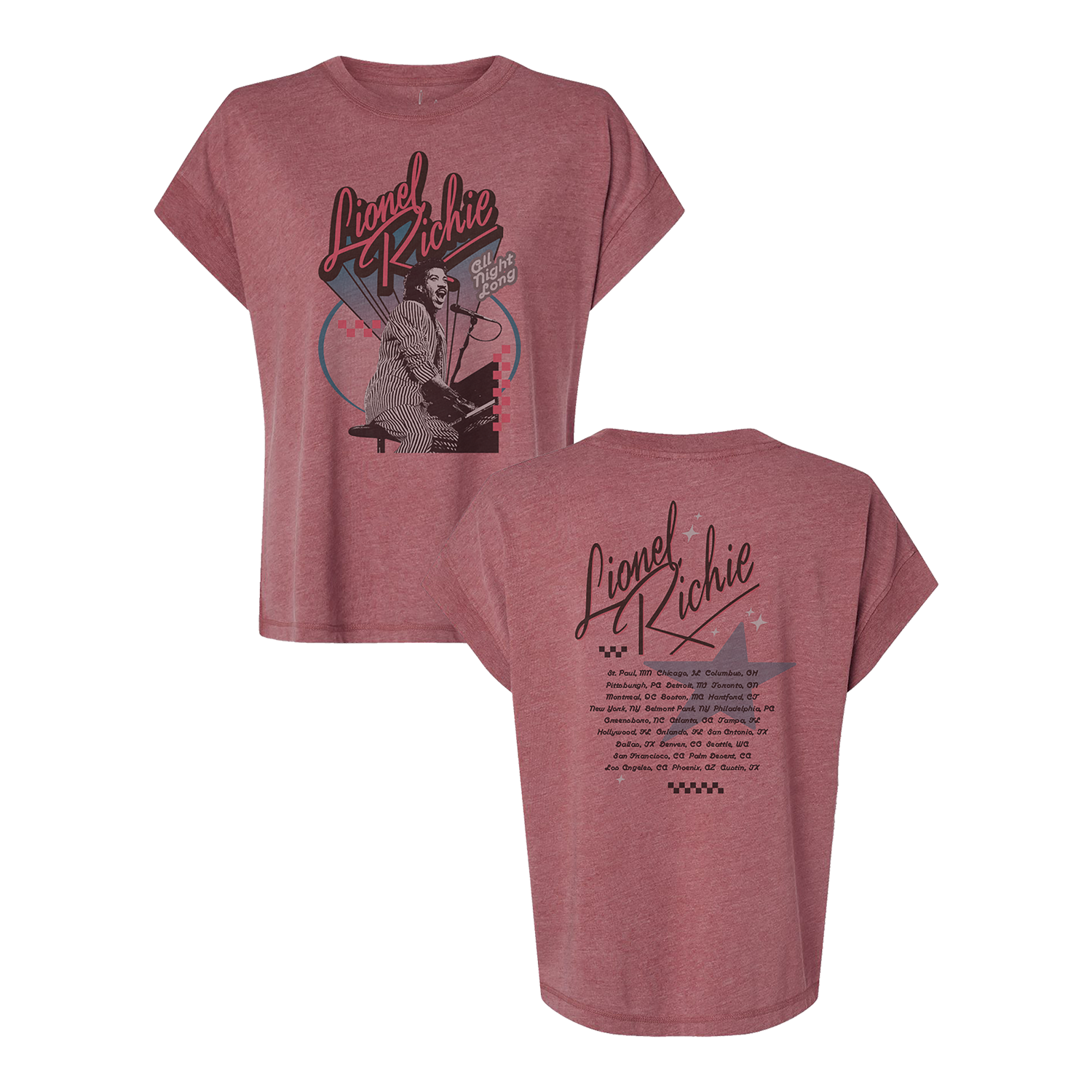 Ladies tour tee in washed red featuring a Lionel Richie portrait design on front and tour dates on back