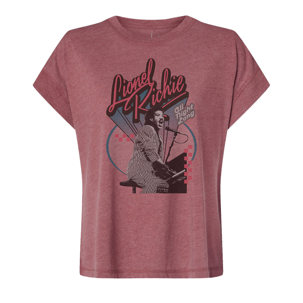 Ladies tour tee in washed red featuring a Lionel Richie portrait design on front 