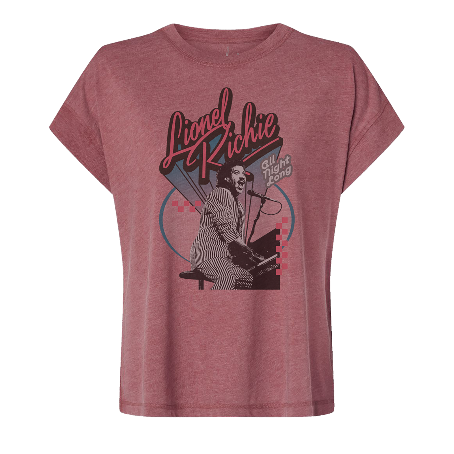 Ladies tour tee in washed red featuring a Lionel Richie portrait design on front 