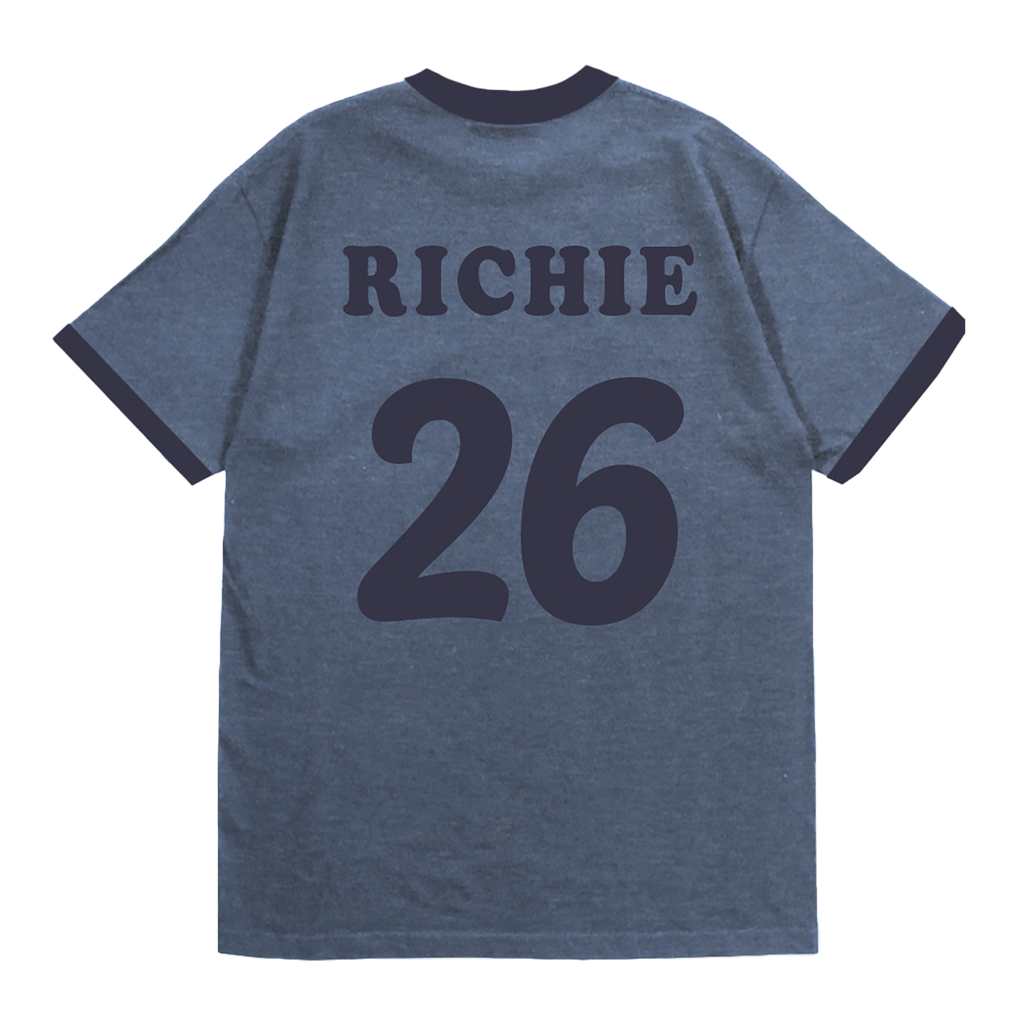 Classic fitting unisex ringer t-shirt in blue, featuring "Richie" with the number '26 on the back