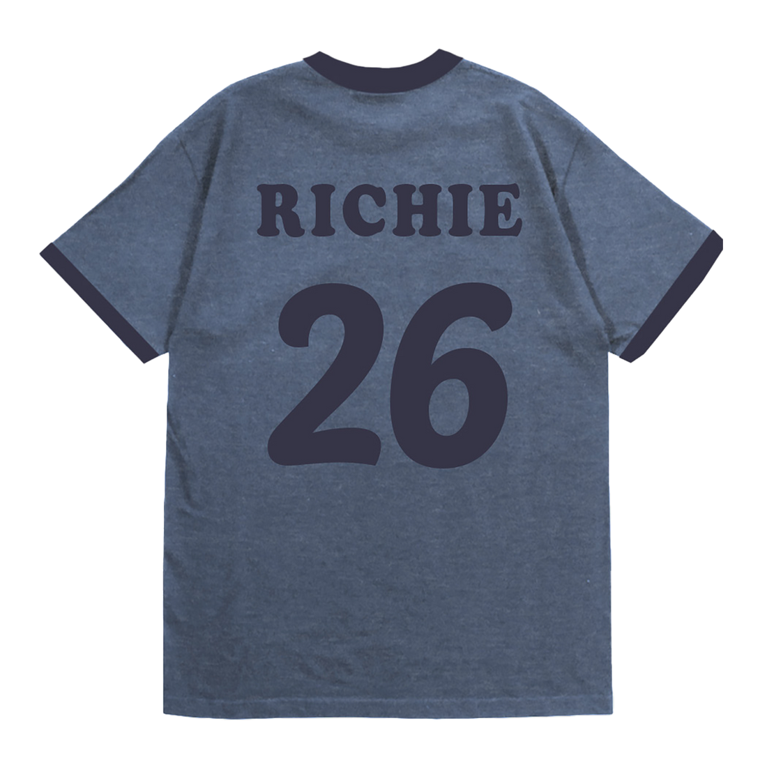 Classic fitting unisex ringer t-shirt in blue, featuring "Richie" with the number '26 on the back