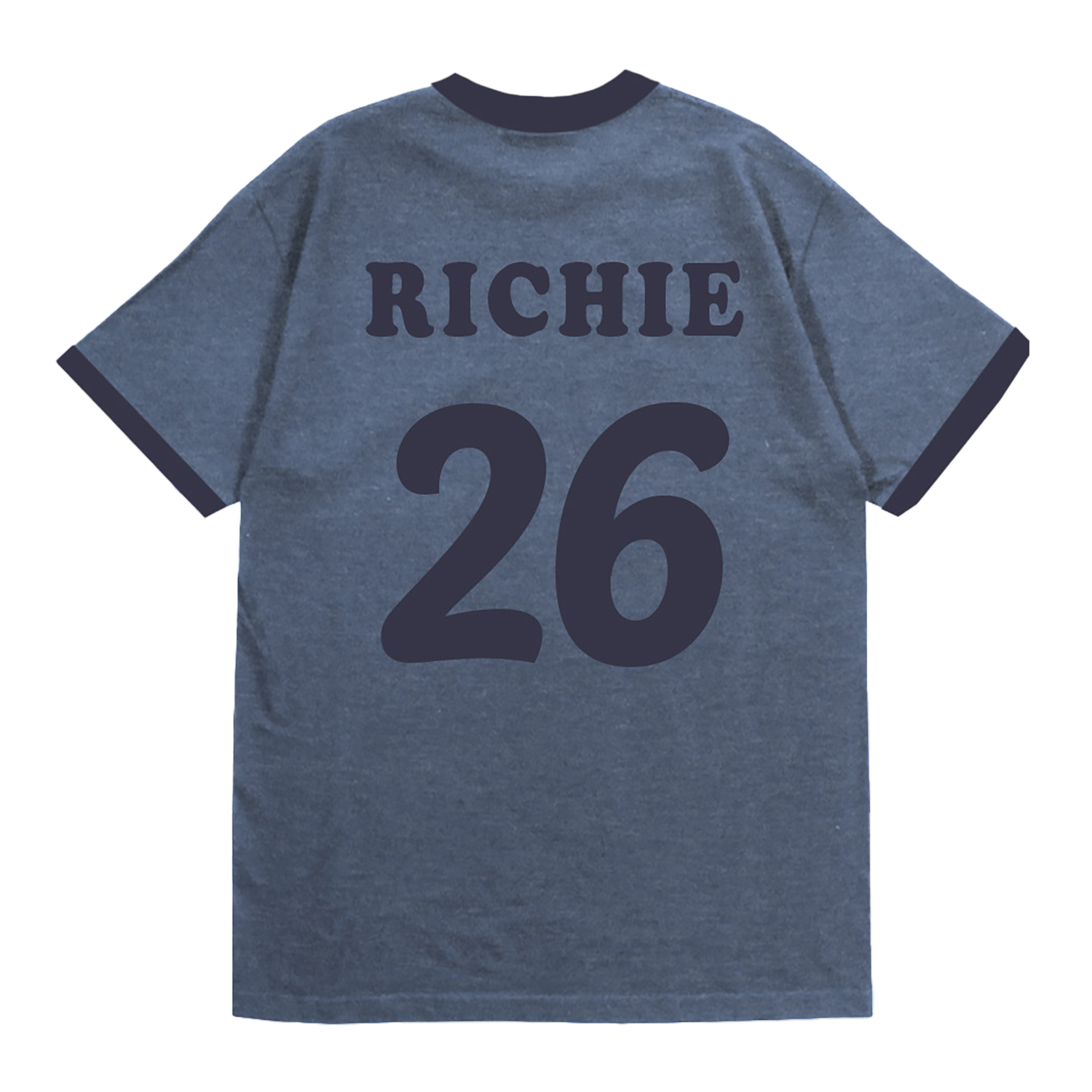 Classic fitting unisex ringer t-shirt in blue, featuring "Richie" with the number '26 on the back