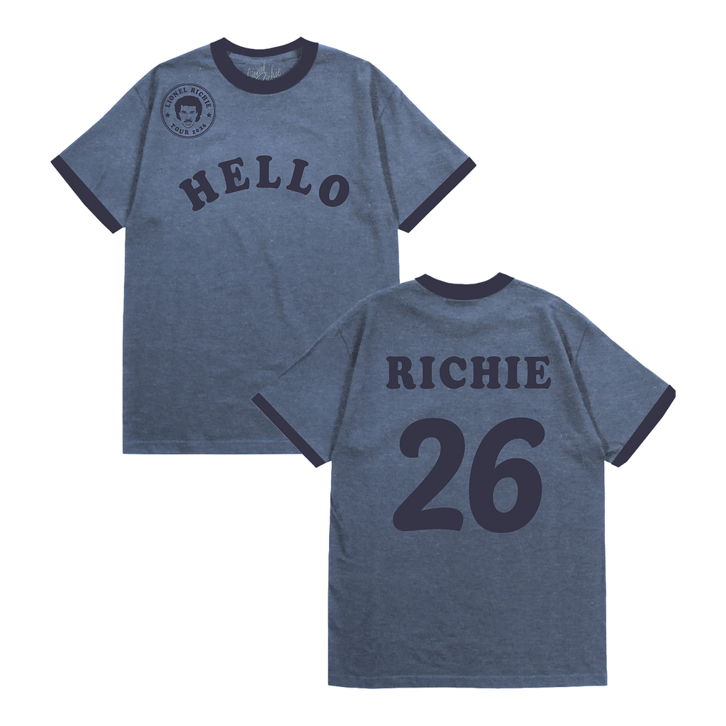 Classic fitting unisex ringer t-shirt in blue, featuring a Lionel Richie stamp logo and "Hello" across the front, and "Richie" with the number '26 on the back