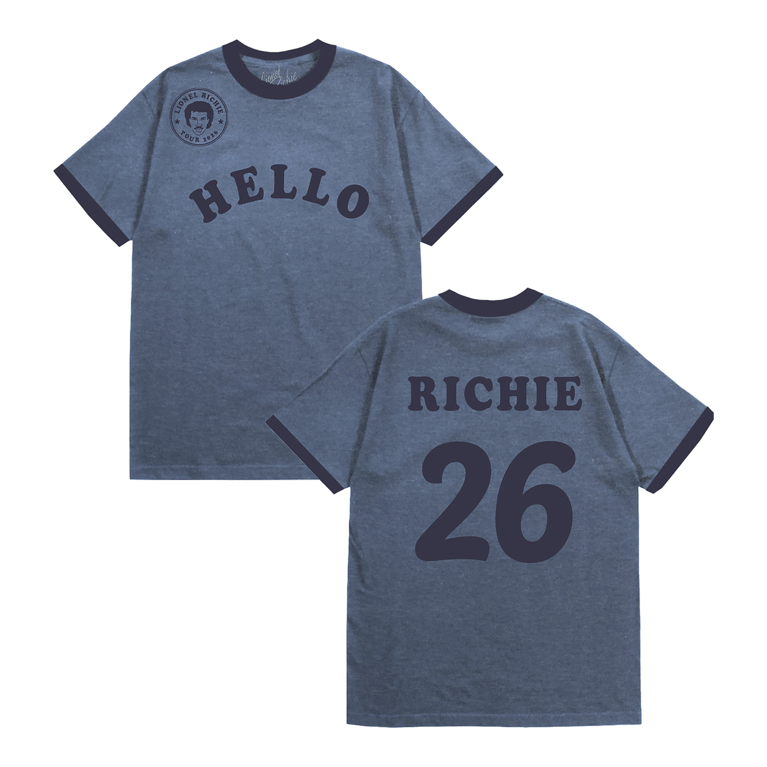 Classic fitting unisex ringer t-shirt in blue, featuring a Lionel Richie stamp logo and "Hello" across the front, and "Richie" with the number '26 on the back