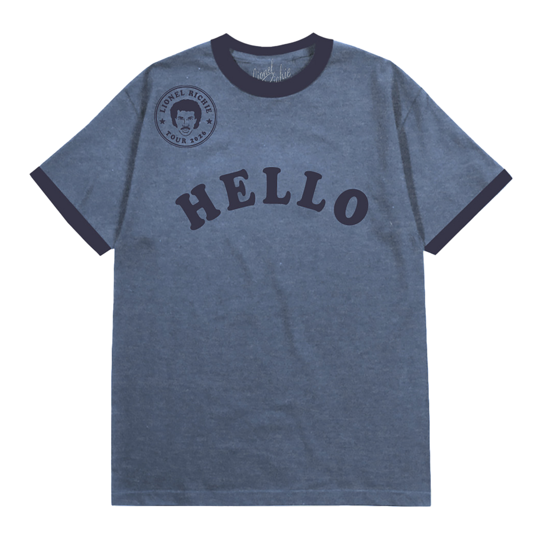 Classic fitting unisex ringer t-shirt in blue, featuring a Lionel Richie stamp logo and "Hello" across the front