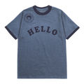 Classic fitting unisex ringer t-shirt in blue, featuring a Lionel Richie stamp logo and "Hello" across the front