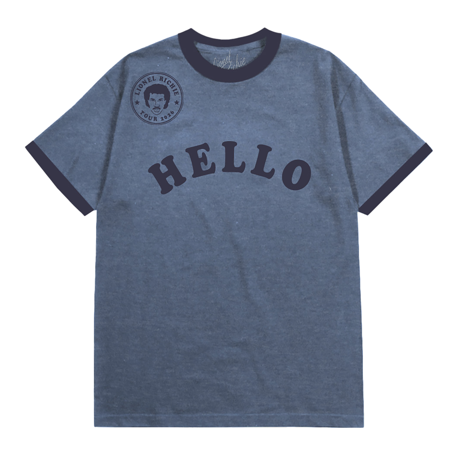 Classic fitting unisex ringer t-shirt in blue, featuring a Lionel Richie stamp logo and "Hello" across the front