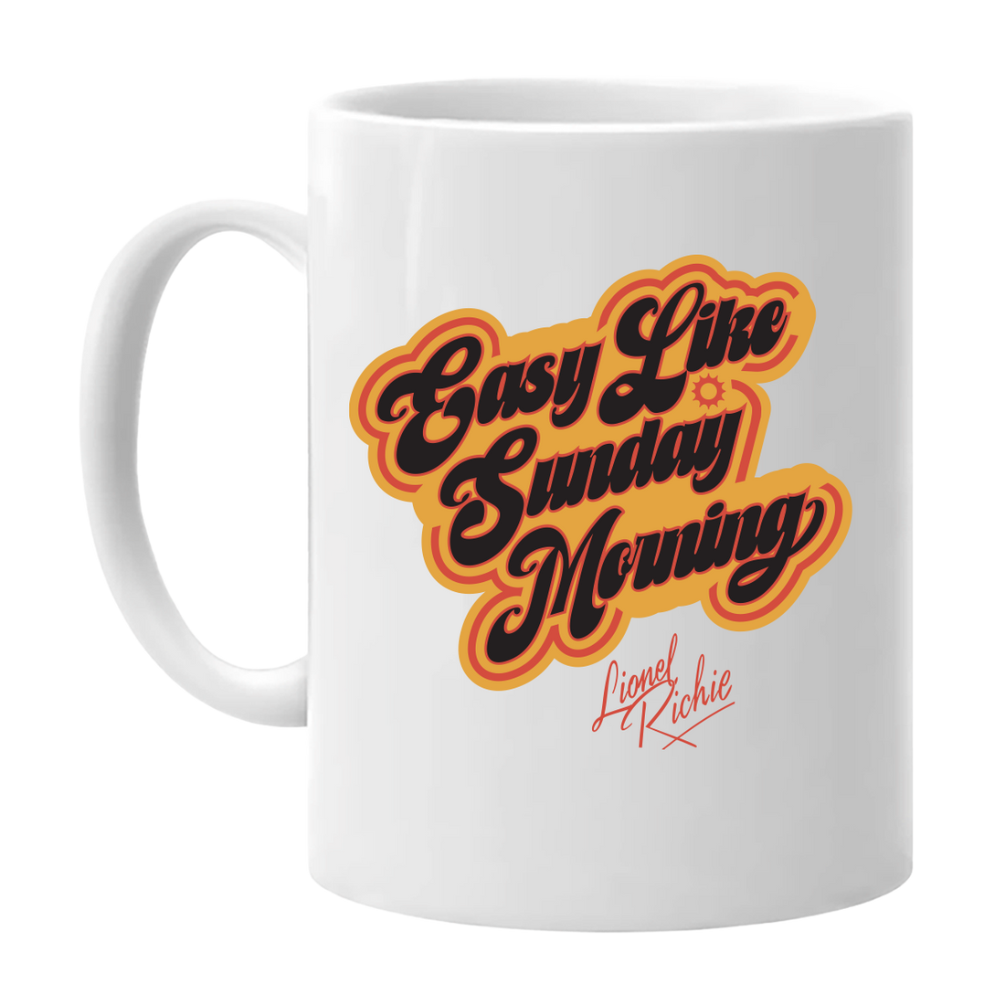 White mug with 'Easy Like Sunday Morning' text design in orange on a white background