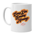 White mug with 'Easy Like Sunday Morning' text design in orange on a white background